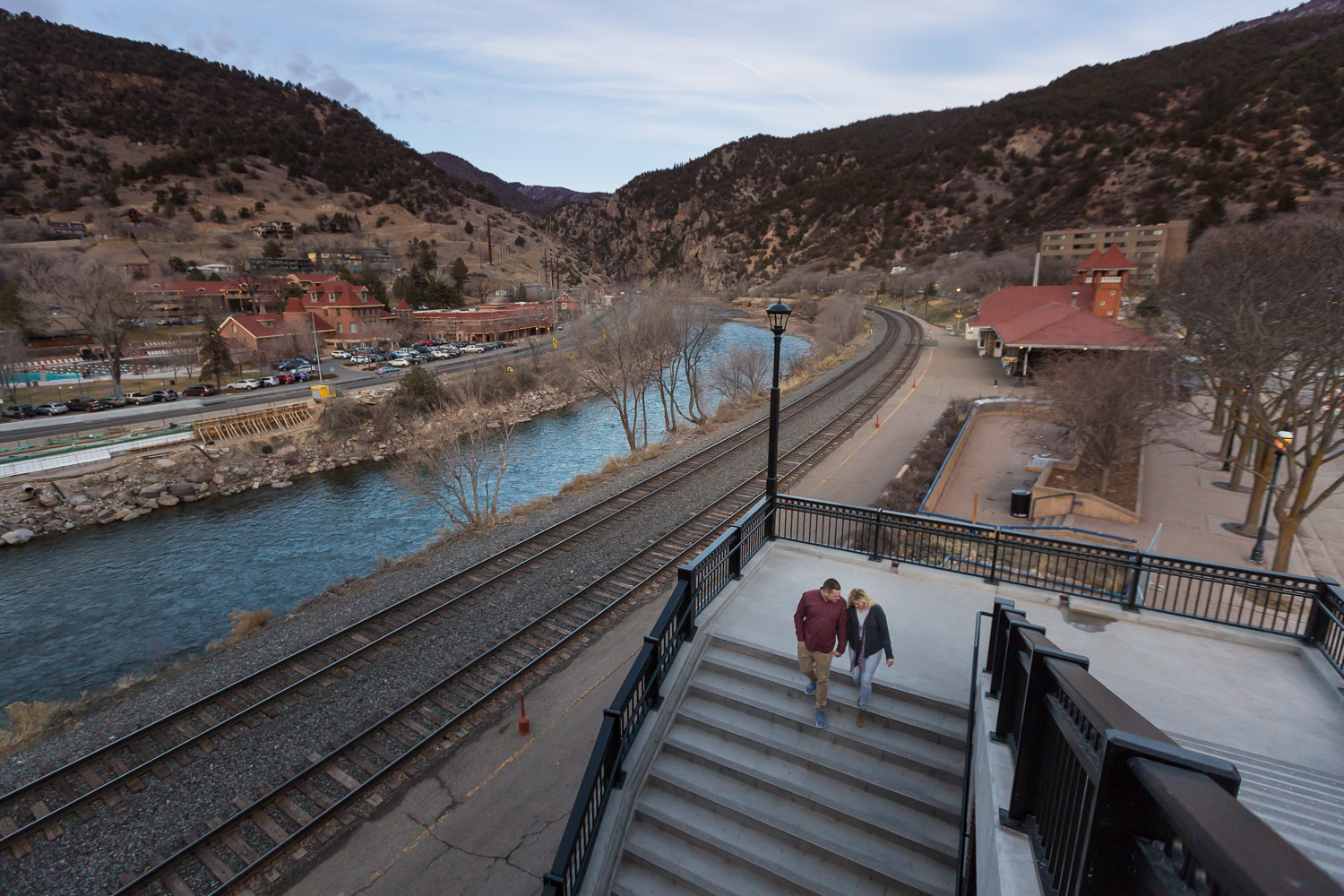Glenwood Springs Engagement Photos by railroad tracks 