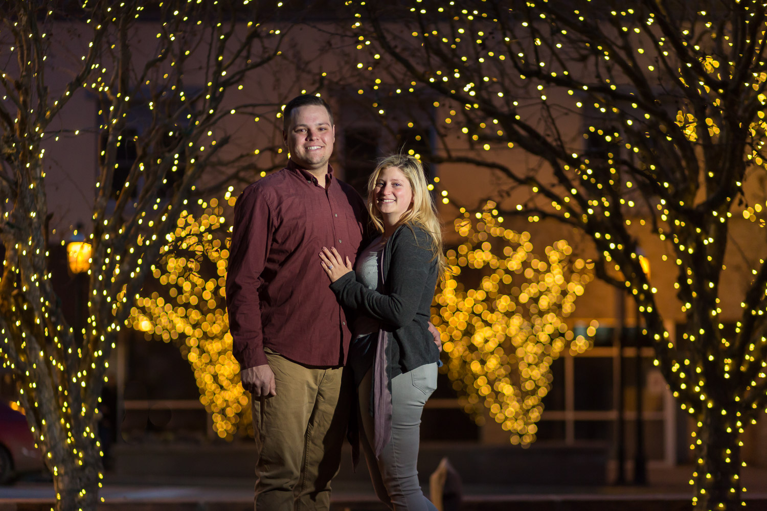 Downtown Glenwood Springs Engagment Shoot in the evening with holiday lights