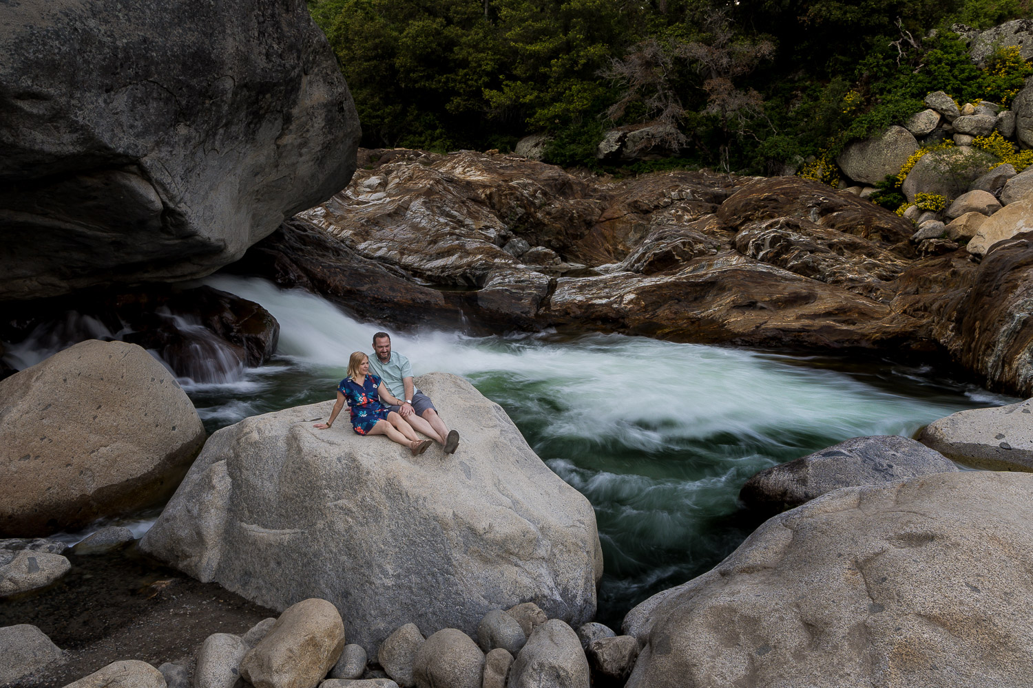 Sequoia National Park Engagement Photos by the River with waterfall