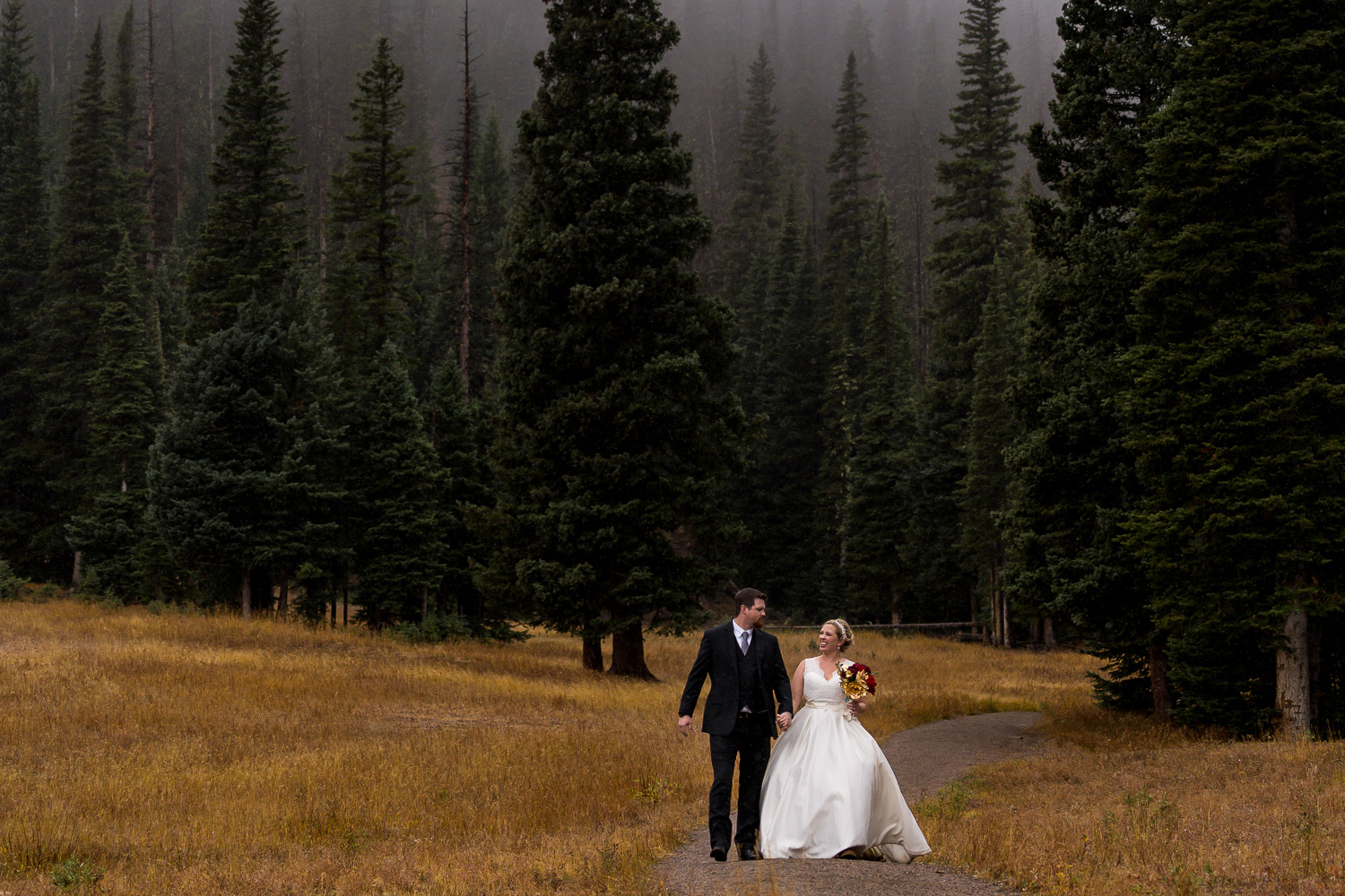 Black Canyon Inn Wedding with Portraits in Rocky Mountain National Park with foggy snow