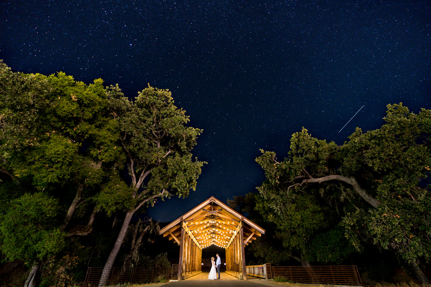 Halter Ranch Wedding Starry Night Sky Couple Portrait on Covered Bridge