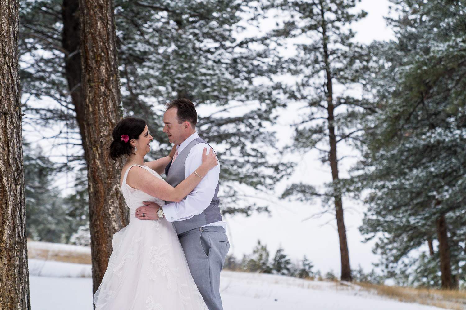 Golden Wedding Photography The Pines at Genesee Couple Portraits in Snow