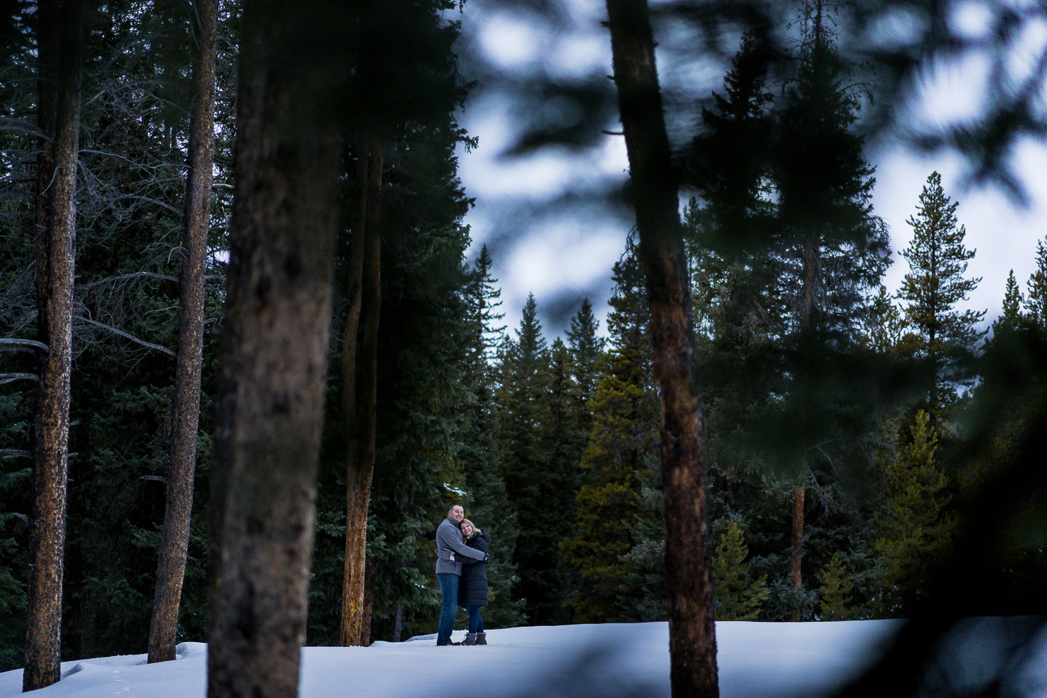 Winter Mountain Engagement Photos in snowy forest