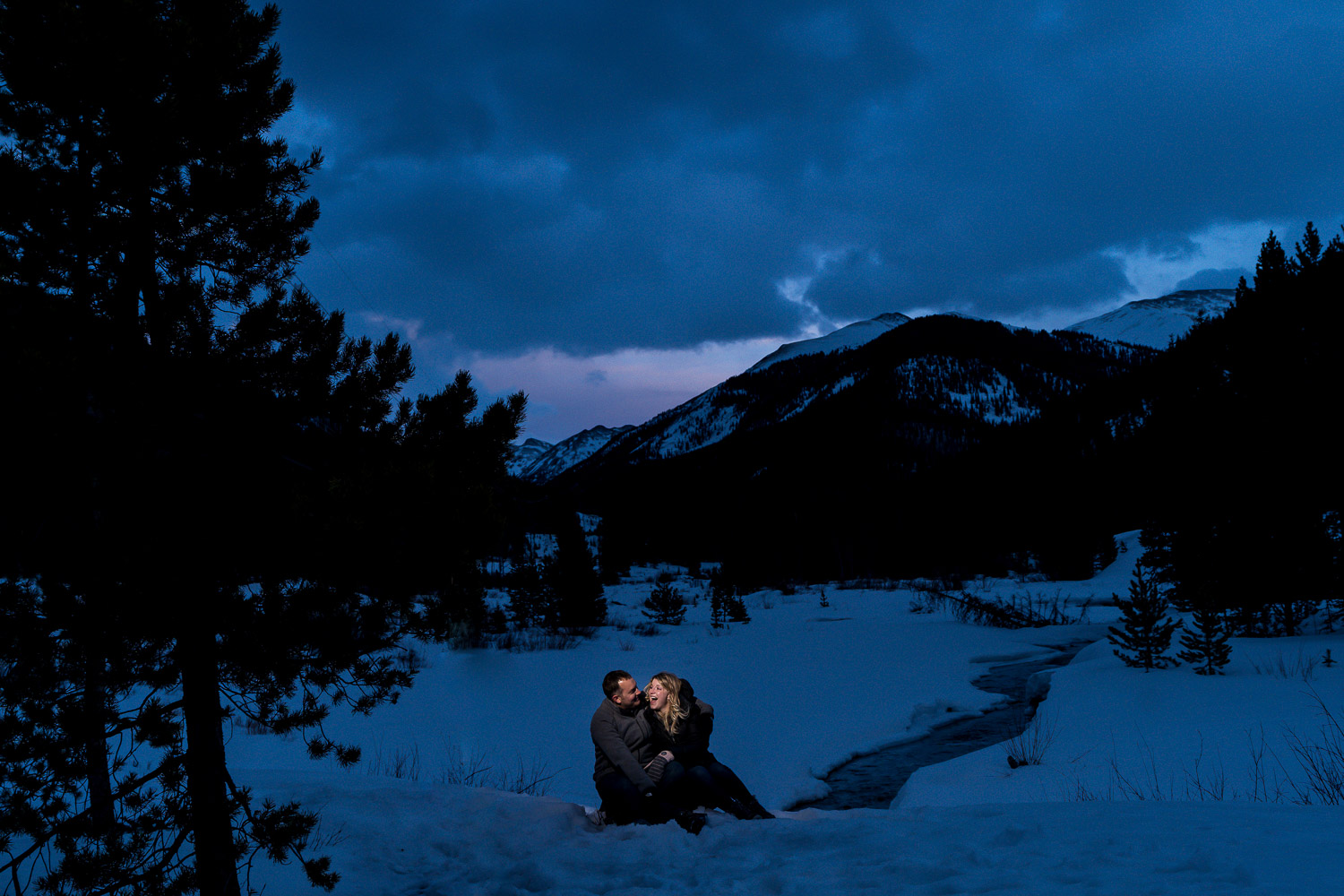 Winter Mountain Engagement Photos during blue hour