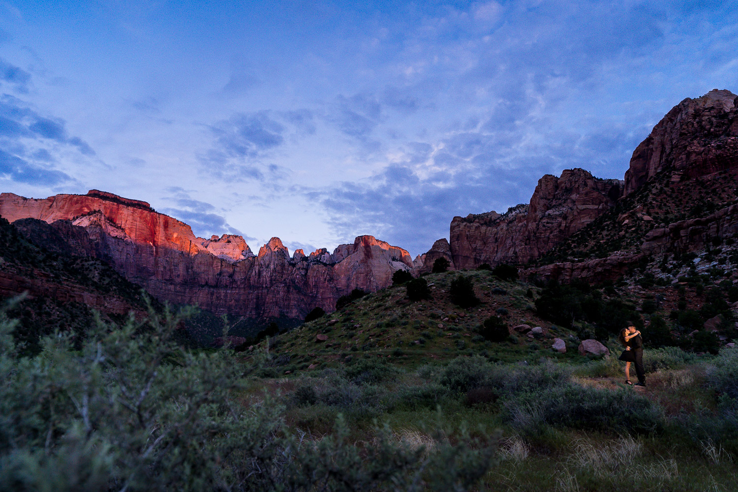 Zion National Park Engagement Photos with sunrise alpenglow