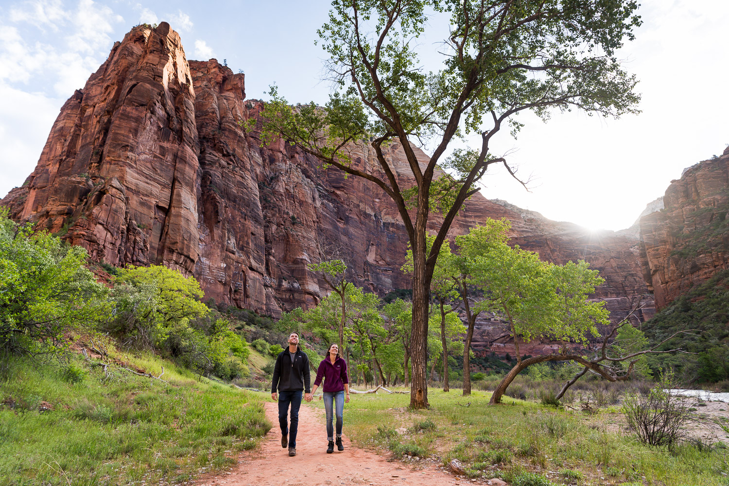Zion National Park Engagement Photos with sunrising over the canyon walls