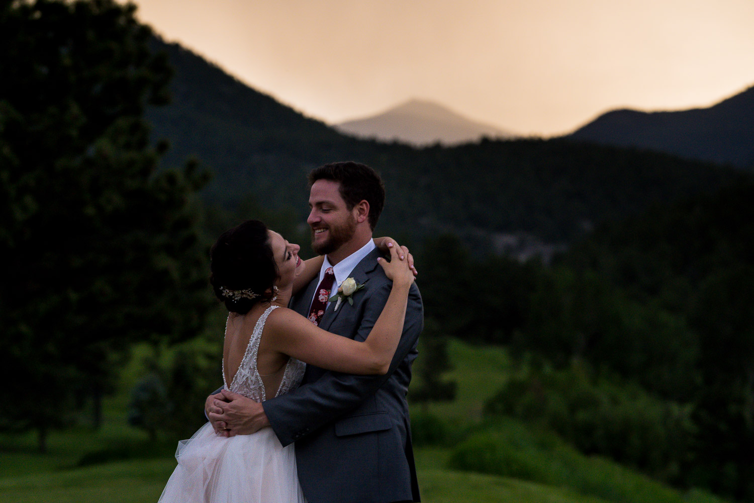 Evergreen Lake House Colorado Wedding Photos Mountain at Sunset
