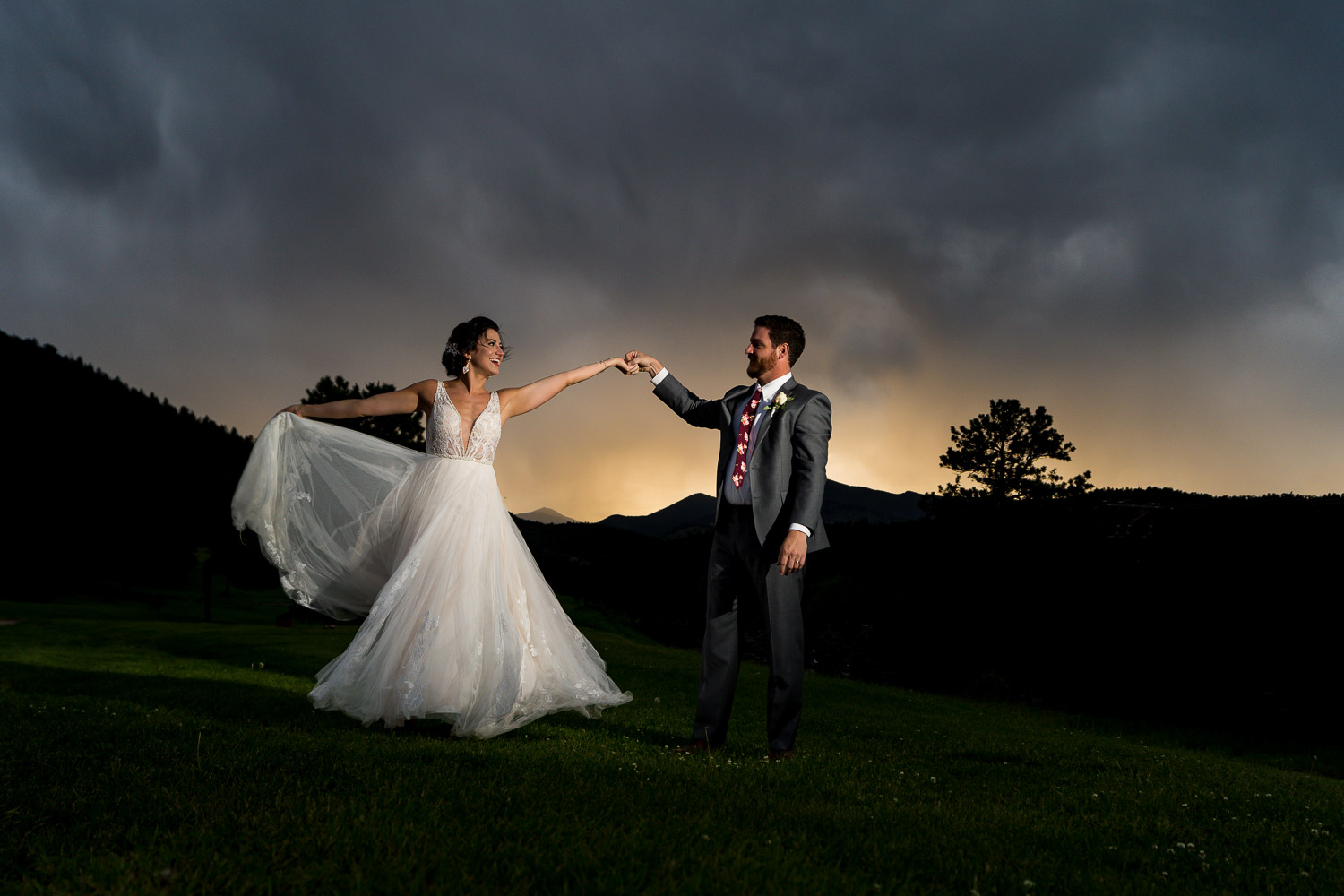 Evergreen Lake House Colorado Wedding Photos Bride and Groom at Sunset