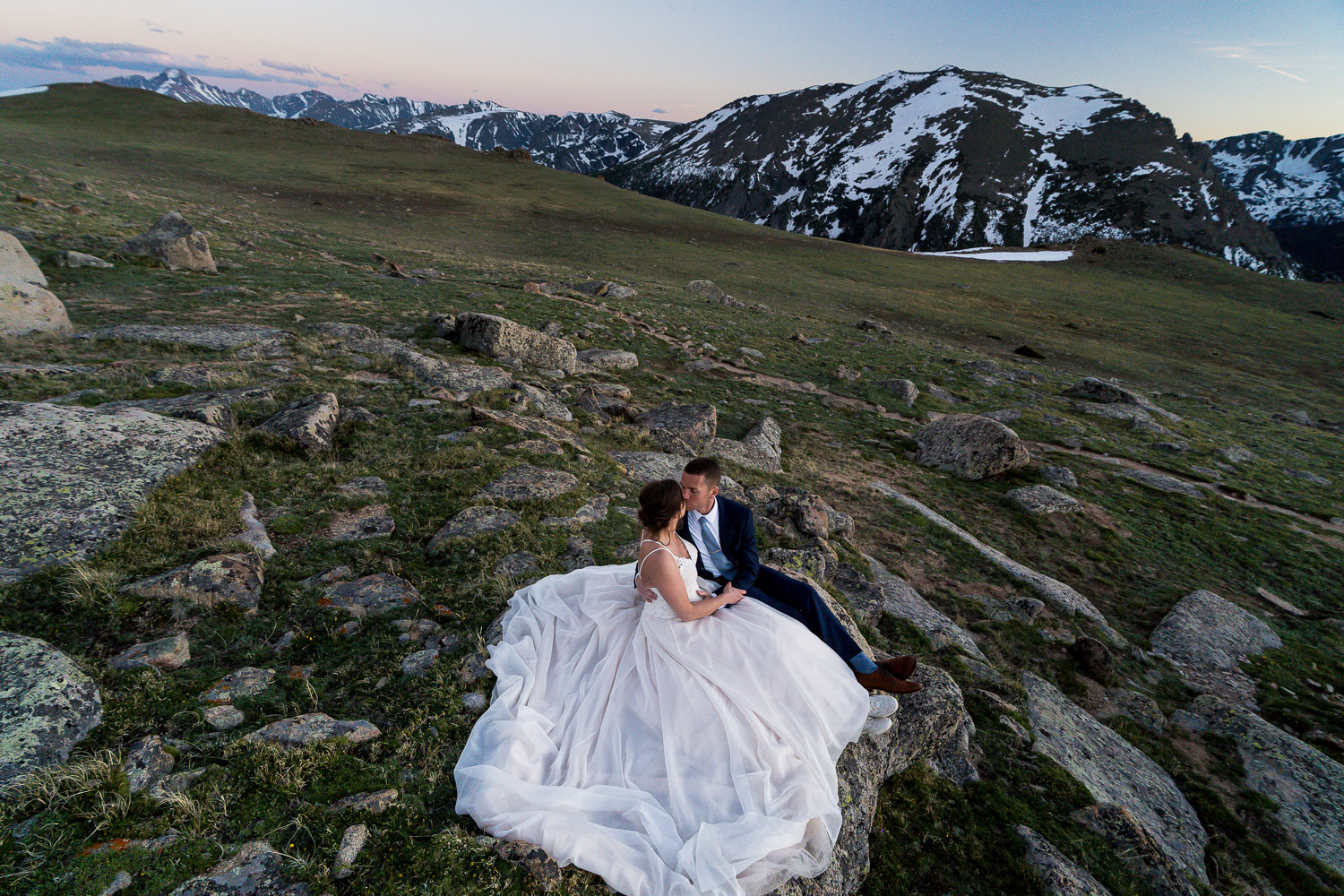 Rocky Mountain National Park Wedding Colorado Mountains Bride and Groom on Mountain