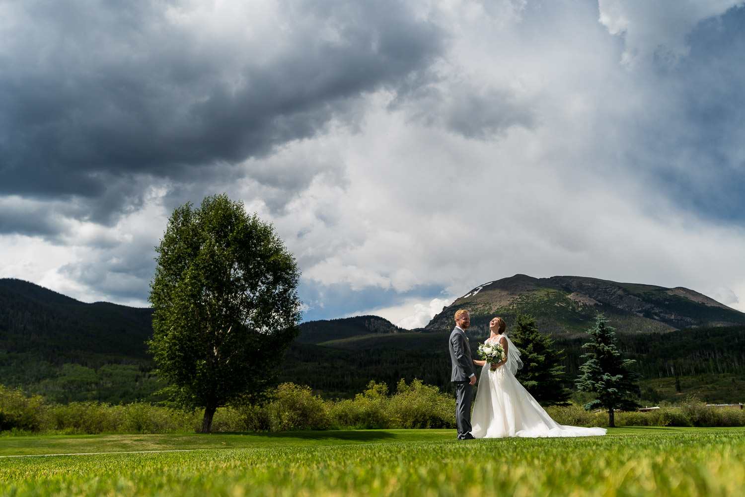 Silverthorne Pavillion Wedding Bride and groom mountain view